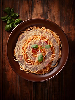 top down view of spaghetti serviced in a bowl, on a wooden table