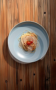 top down view of spaghetti serviced in a bowl, on a wooden table