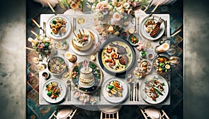 Top-down view of a spring wedding reception, featuring seafood risotto, grilled lamb chops, a vegetable medley, and a