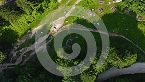 Top down view of summer forest, sumer woodland aerial shot.