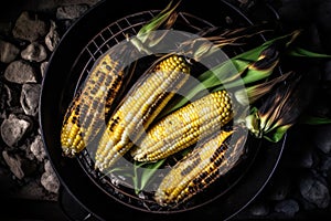top down view of sweetcorn on a woodfire grill - food photography