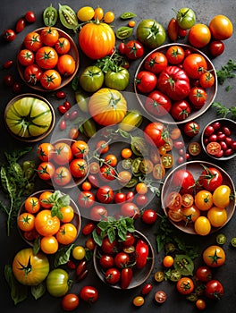 Top down view of a table topped with many different types of tomatoes. AI generated