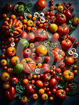 Top down view of a table topped with many different types of tomatoes. AI generated