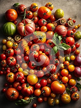 Top down view of a table topped with many different types of tomatoes. AI generated