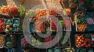 Top-Down View of a Tech-Enabled Urban Farmers Market, a tapestry of colors and activity in the morning glow