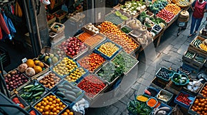 Top-Down View of a Tech-Enabled Urban Farmers Market, a tapestry of colors and activity in the morning glow
