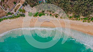 Top-down view of the tropical beach at the island. Thailand Asia. Drone.