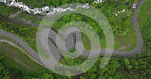 Top down view on a twisty mountain road.
