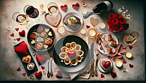 Top-down view of a Valentine's Day dinner, featuring heart-shaped ravioli, seared scallops, chocolate dessert, and