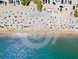 Top down view of a very crowded beach in Athens, Greece