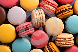 Top down view of vibrant macarons arranged on colorful background - indulgent and sweet treat