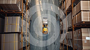 Top-Down View. In Warehouse People Working, Forklift Truck Operator Lifts Pallet with Cardboard Box. Logistics photo