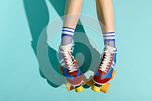 Top down view of a woman wearing rollerskates