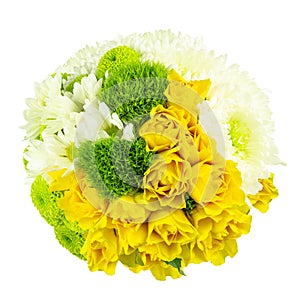Top down view of yellow, green and white flower arrangement on white