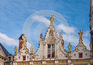 Top of facade on historic Justice Palace, Bruges, Belgium