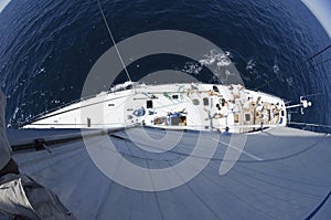 Top Fisheye Lens View Of Sailboat At Sea photo