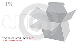 Top flaps Inter lock Box Template, vector with die cut / laser cut layers. White, clear, blank, isolated open box mock up