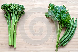 Top flat lay view of fresh organic vegetables