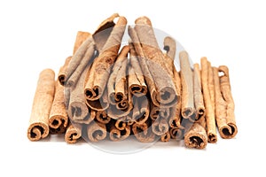 Top front Pile of Raw Organic Cinnamon sticks (Cinnamomum verum).