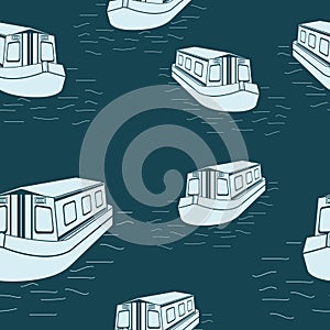 Top Front Side Canal Boats Vector Illustration Dark Background Seamless Pattern