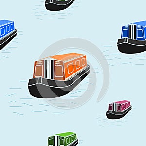 Top Front Side View Canal Boat Vector Illustration Seamless Pattern