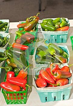 Green plastic and cardboard baskets filled with local, ripe jalapeÃÂ±o green and red peppers photo