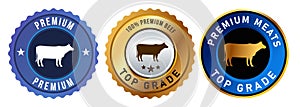 Top grade premium meats beef cow butcher symbol of top grade crown badge label blue golden