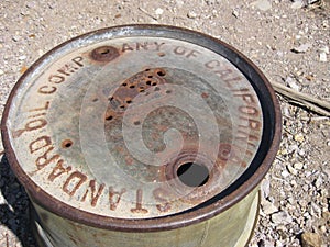 Top of Green Rusty Old Oil Drum Barrel in Desert