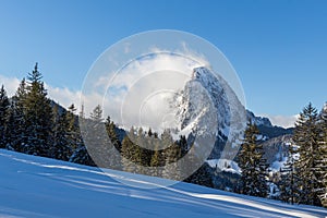 top of Grosser Mythen mountain in Switzerland in winter with snow