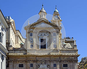 Top half of the facade of the Chiesa del Gesu in Piazza Matteotti in Genoa, Italy.