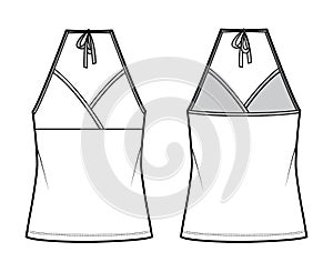 Top halter neck surplice tank cotton-jersey technical fashion illustration with empire seam, bow, oversized tunic length photo