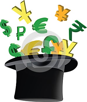 Top hat with currency symbols inside photo