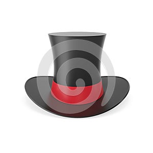 Top hat with red ribbon isolated on white background.