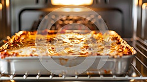 The top heating element of a convection oven browning the top of a cheesy lasagna photo