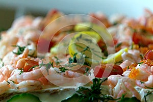 Top ingredients for a smorgas cake shrimp lemon salmon photo