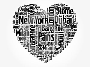 Top 100 International Tourist Destination Cities composed in love sign heart shape, word cloud collage