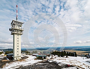 Top of the Klinovec mountain rectangular broadcasting tower