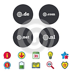 Top-level domains signs. De, Com, Net and Nl.