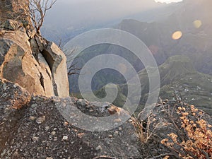 On top of the Maido viewpoint : contemplating Mafate circus in the morning light, Reunion island photo