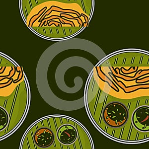 Top Masala Dosa on Plate Vector Illustration With Dark Background Seamless Pattern