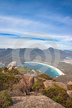 Top of Mount Amos, overlooking the Wineglass Bay, Tasmania, Australia