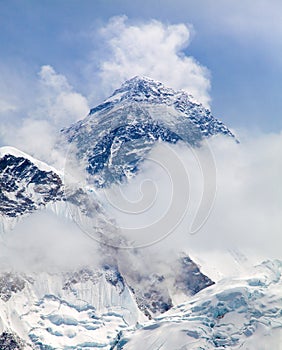 Top of Mount Everest with clouds from Kala Patthar