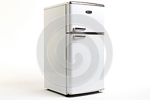 Top Mount Fridge Isolated on White Background. Side View of Stainless Steel Double Door Refrigerator. Modern Kitchen and