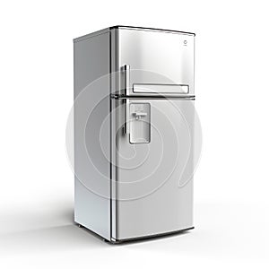 Top Mount Fridge Isolated on White Background. Side View of Stainless Steel Double Door Refrigerator. Modern Kitchen and