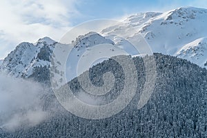 The top of the mountain comes out through the cloud.