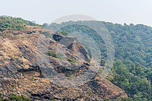 Top of mountains with black rock land forms in autumn of Sanjay Gandhi National Park, Mumbai, India
