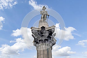 The top of Nelson\'s Column in Trafalgar Square with the statue of Horatio Nelson