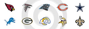 TOP NFL teams. Set of logos. American football. NFC commands. Vector illustration. VINNITSA, UKRAINE - APRIL 2, 2022