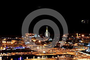 Top night view of the port of Genoa