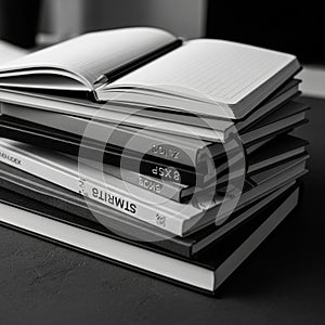 Top notebook is open, revealing lined pages and a pen resting in the